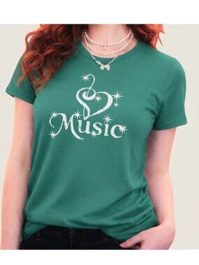 Medium Music Graphic Tee Deep Teal Treble Clef Heart Singer